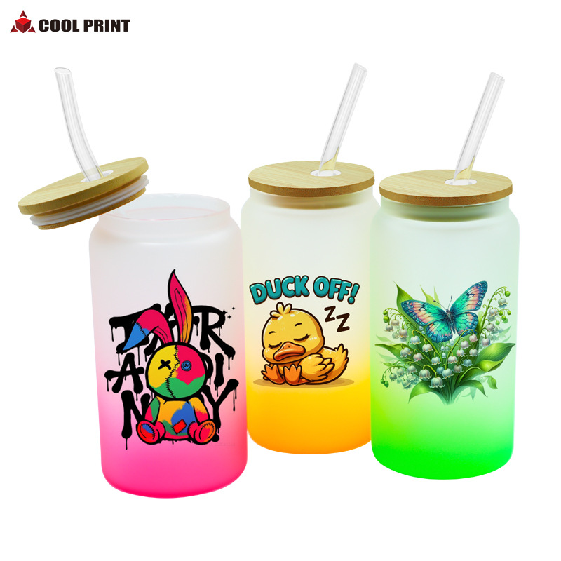 Suministro directo de fábrica de transferencia de calor Amazon 16oz vaso de sublimación de color gradiente mate transparente lata de Cola
