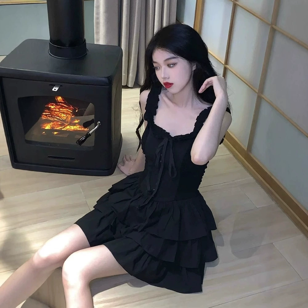 Хепберн стиль черное деревянное платье с подтяжками на ушах летом