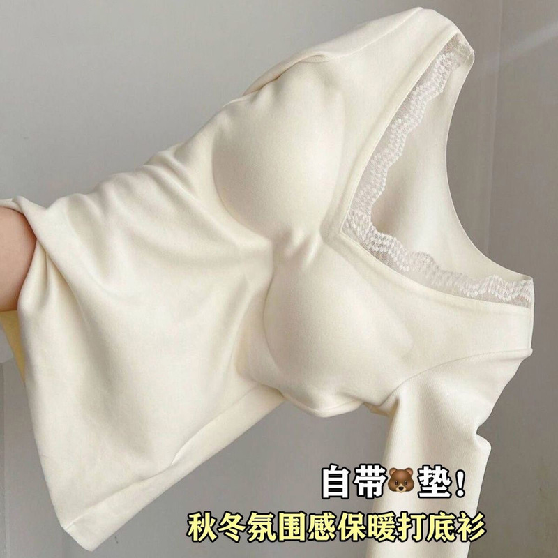 V-Neck Lace-Trimmed Base Shirt with Chest Pads for Women, Autumn and Winter Thermal Inner Layer, Waist-Cinching, Tight-Fitting Long-Sleeve Warm T-Shirt Top