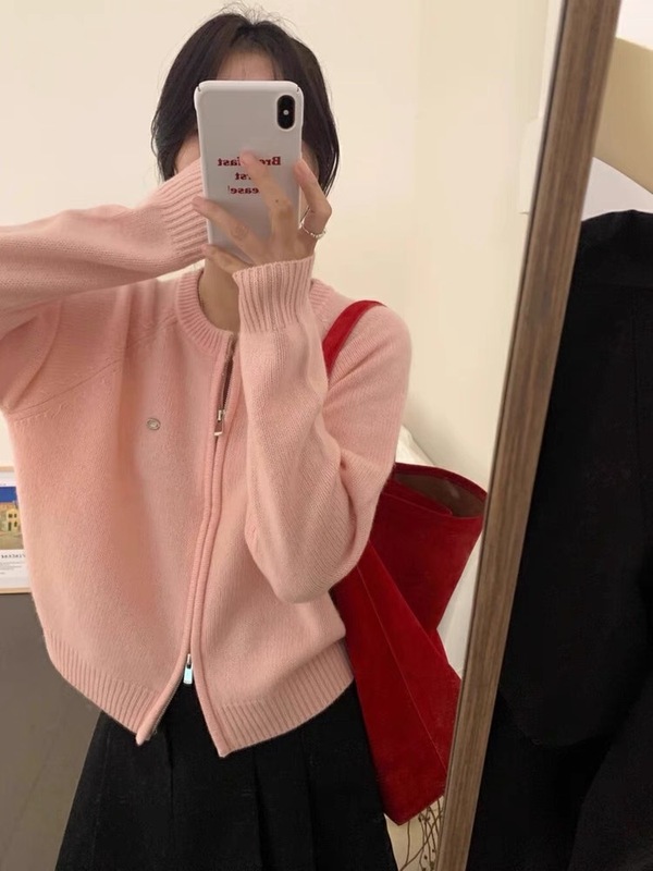2025秋冬新款拉链开衫女100羊毛衫女欧货厚款短款羊绒毛衣外套|undefined