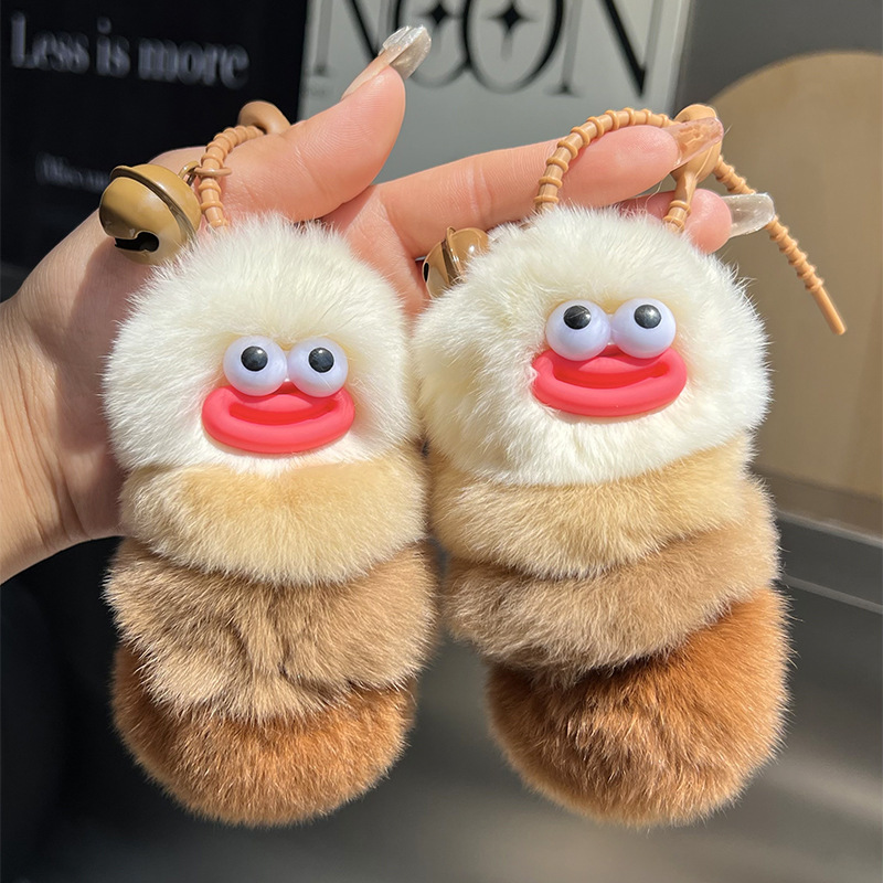 Wholesale Caterpillar Cute Rabbit Fur Car Keychain Pendant Plush Doll Doll School Bag Hanging Gift