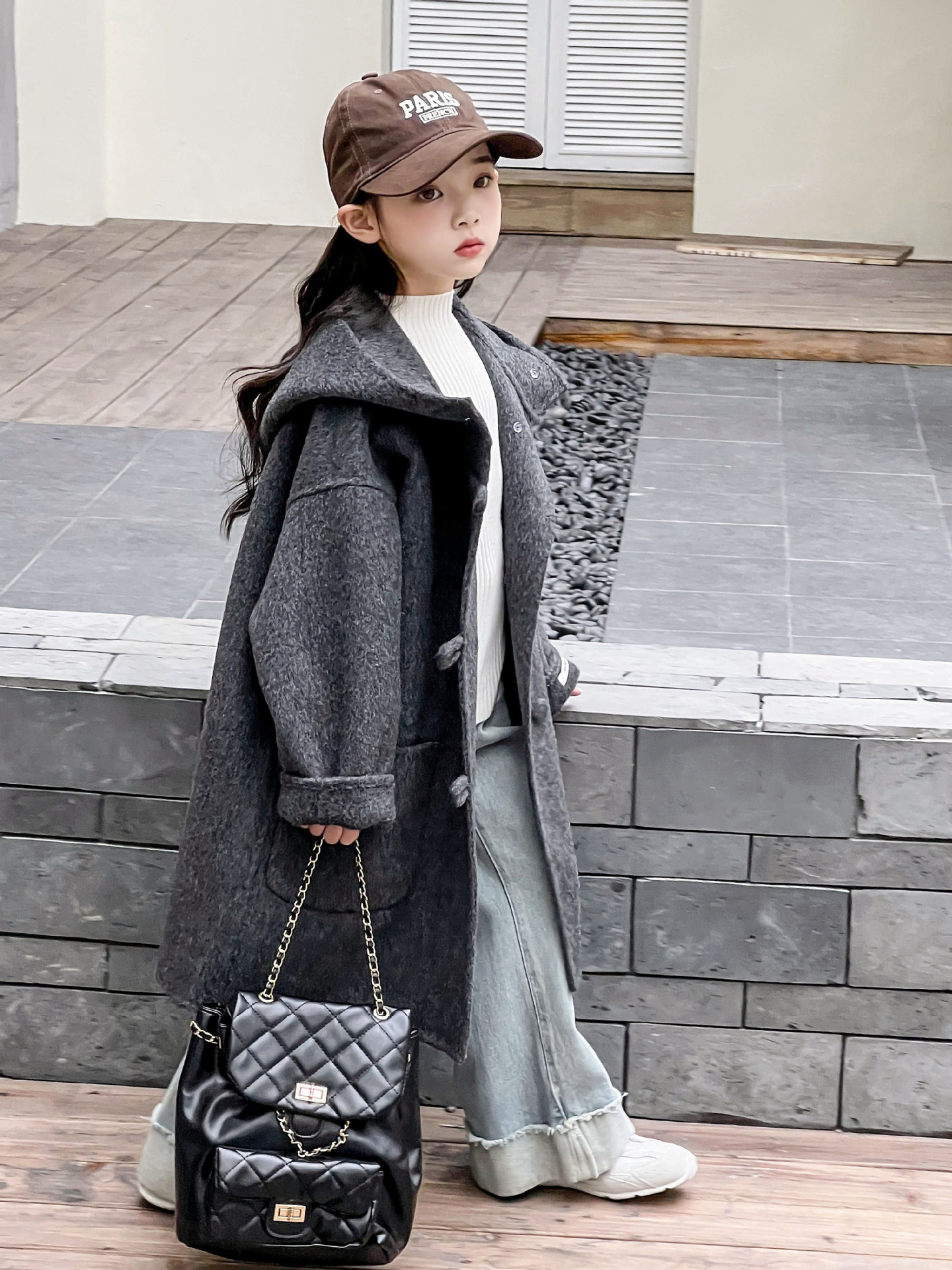 Demi-season children's double-sided cashmere woolen long woolen coat