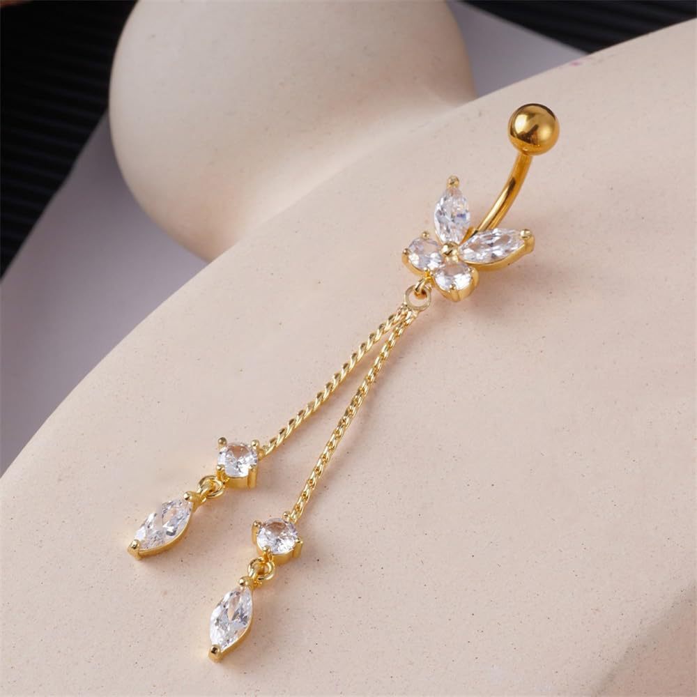 Bague de piercing nombril simple en zircon, ornée de pierres incrustées, papillon et cœur. Vente en gros de clous de nombril. Facile à porter._voghion.com
