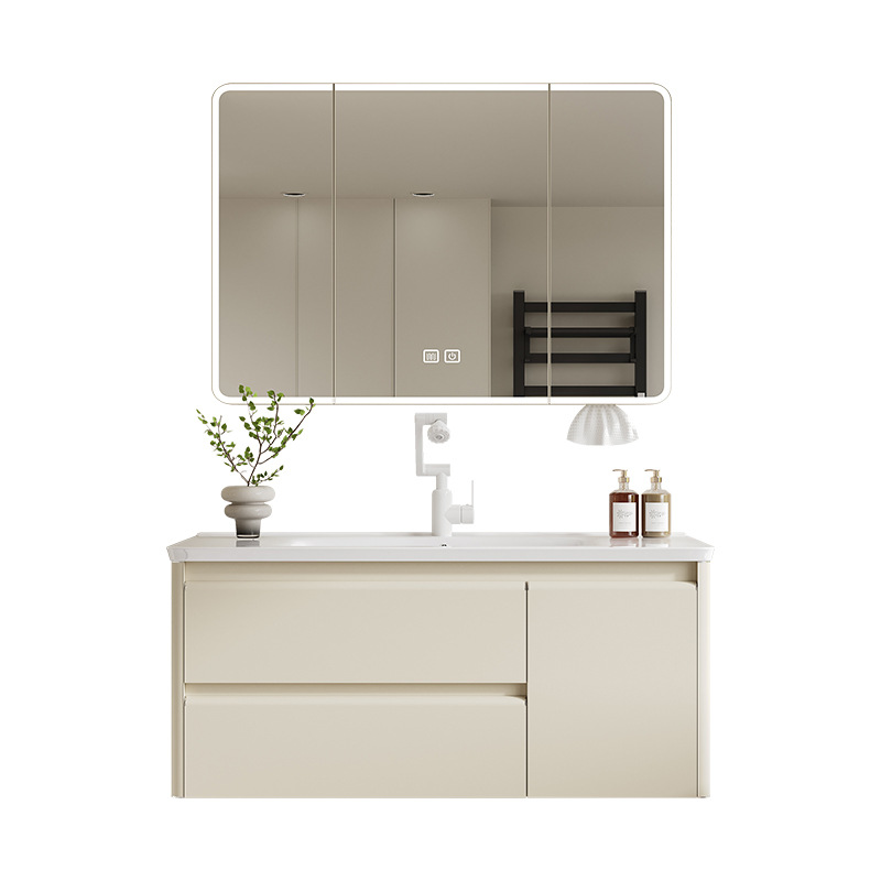 Acero inoxidable crema aire gabinete de baño todo en uno cerámica lavabo combinación de gabinete lavabo