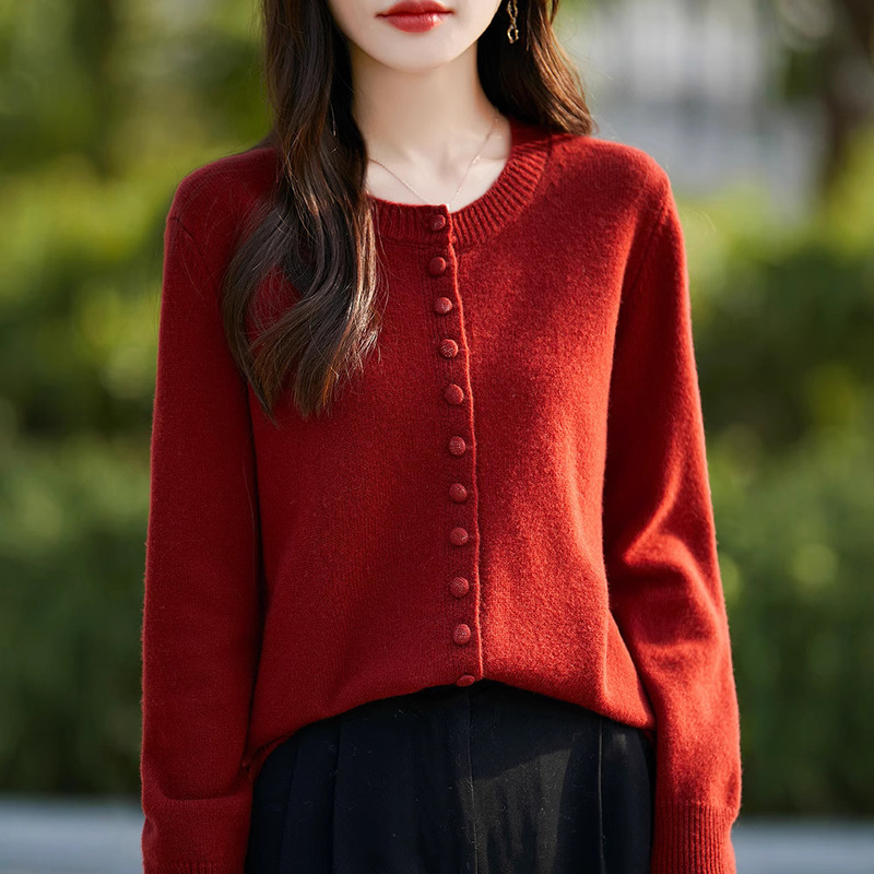 Australian wool autumn and winter new soft waxy delicate crew neck all wool knitted cardigan simple temperament bag buckle sweater coat women