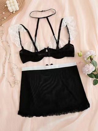 Ensemble lingerie sexy à corset et tablier en dentelle_voghion.com
