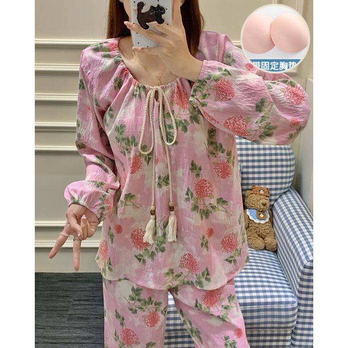 Al por mayor transfronterizo con cojín de pecho pijama de manga larga mujer otoño nubes de algodón princesa viento suelto estilo nacional dulce conjunto de ropa para el hogar