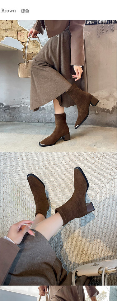 Bốt nữ ngắn mũi vuông gót dày 7 cm chất liệu da lộn phối cashmere — màu nâu, đen chi tiết 6