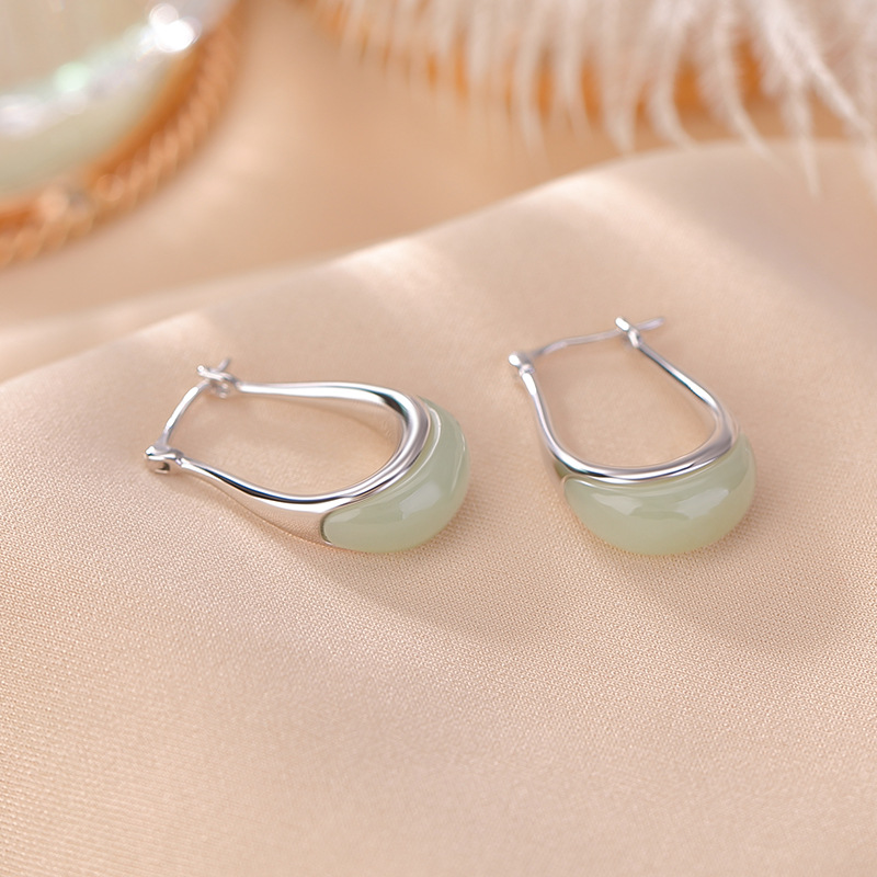 Khuyên tai nữ hình lưỡi liềm bạc S925 mạ vàng đính ngọc Hetian — Kiểu màu bạc, Kiểu màu vàng