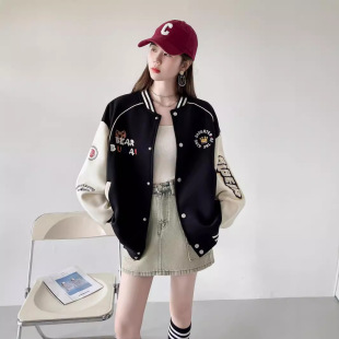 Baseball Suit Coat Women's American Style Retro Contrast Color Stitching Spring and Autumn 2024 New Loose Casual Sports Jacket Top