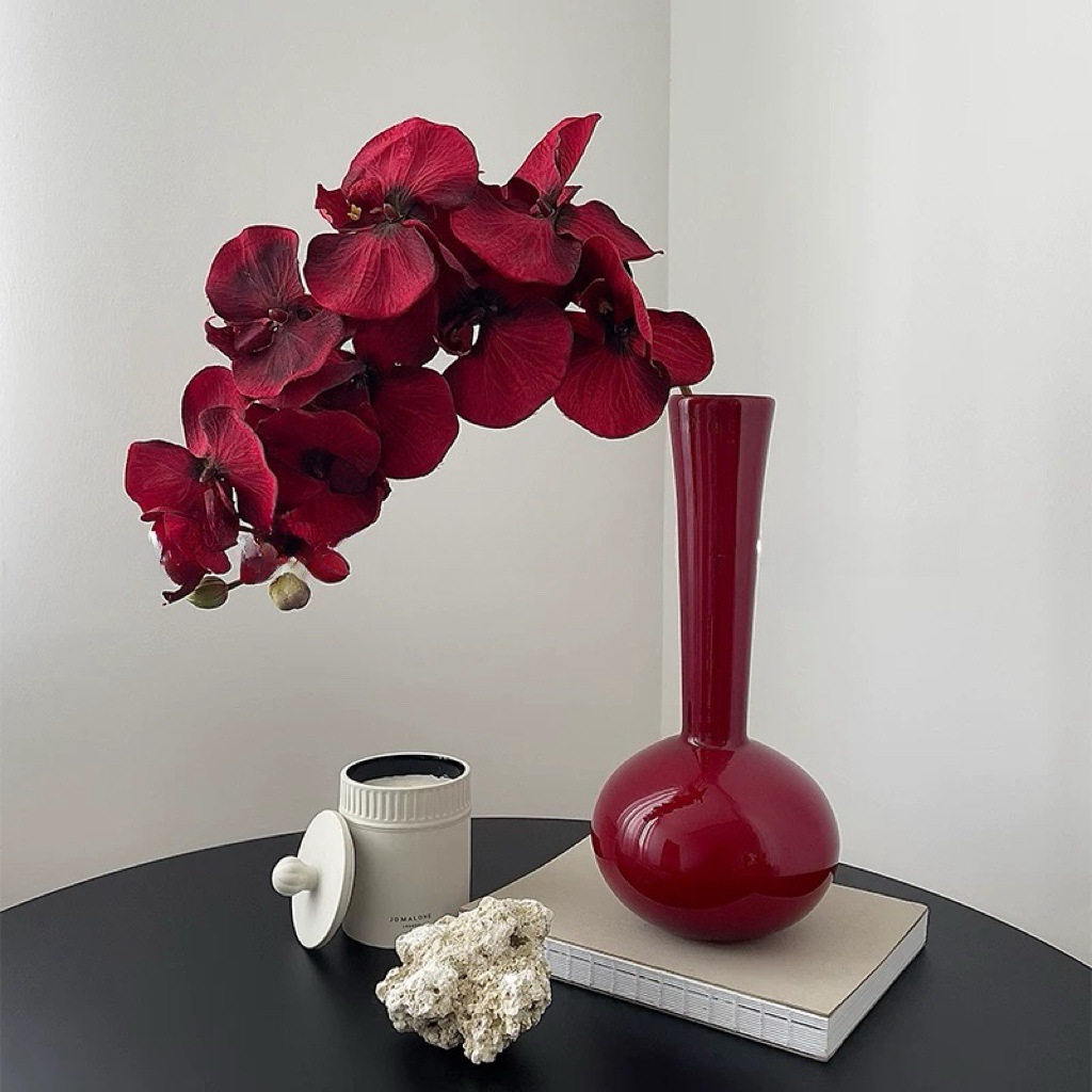 Jarrón de cristal vintage verde oliva y rojo, adorno de cristal creativo de estilo francés para arreglos florales de mesa de salón, arte floral de estilo retro.