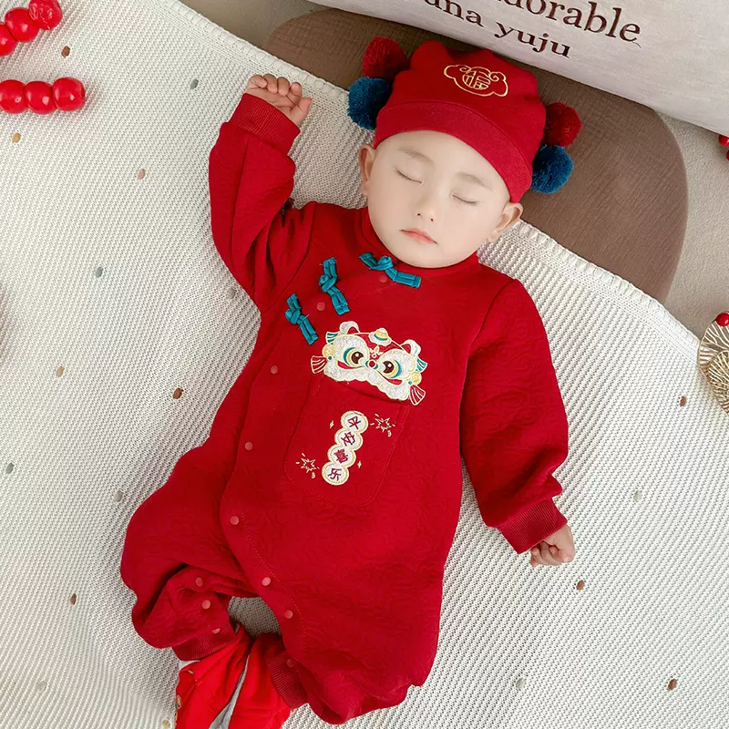 红色婴儿衣服新生儿连体衣秋季满月男女宝宝百天爬服百日宴5599