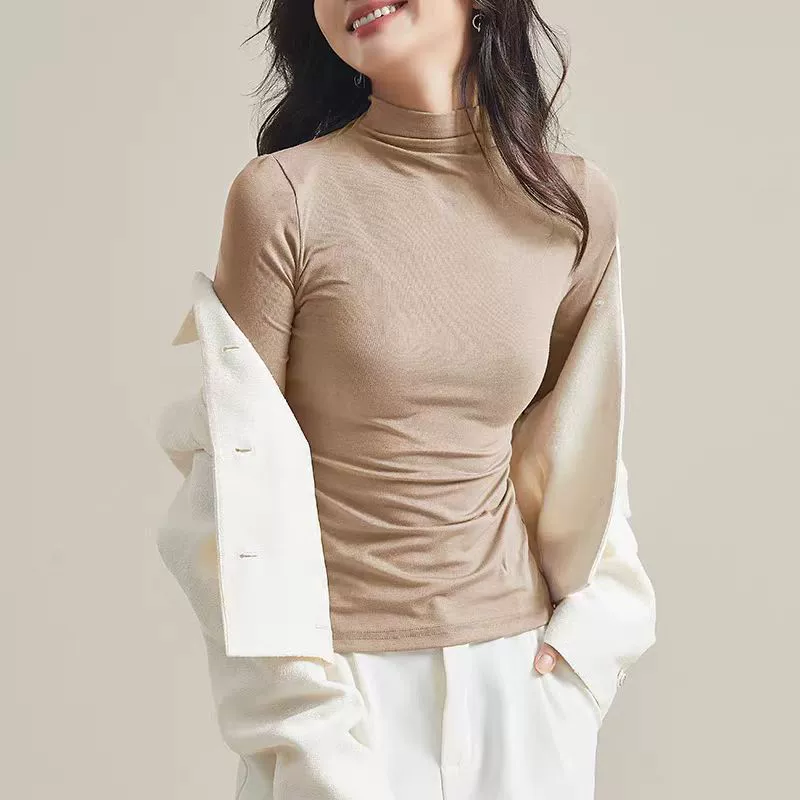 Нижняя рубашка с половинным воротником женская 2024 ранняя осень зима новая внутренняя футболка основа черный тонкий топ с длинными рукавами
