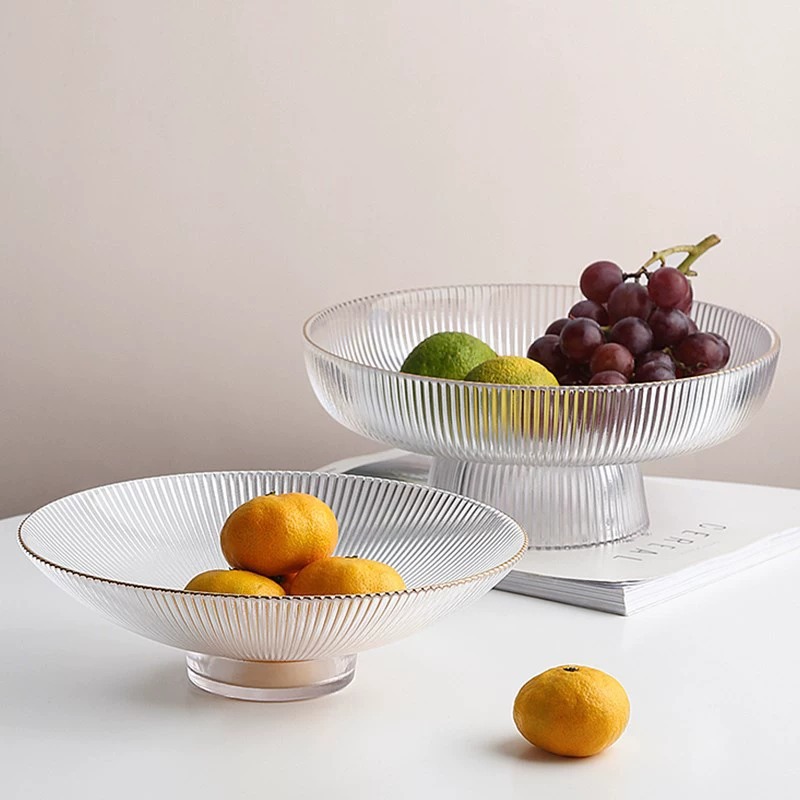 Platos de frutas de vidrio de pies altos, platos de frutas secas a rayas de alta calidad, mesa de té doméstica, bocadillos de pies bajos, platos de frutas de alta calidad