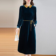 真丝丝绒高档连衣裙2025春秋冬新款高端桑蚕丝小翻领长裙妈妈妈装