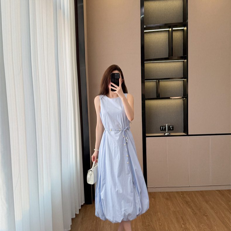 Sweet and Youthful Women's Waist-Cinching Beaded Tie Sleeveless Dress, 2026 New Style Loose-Fitting Long Dress That Hides the Figure