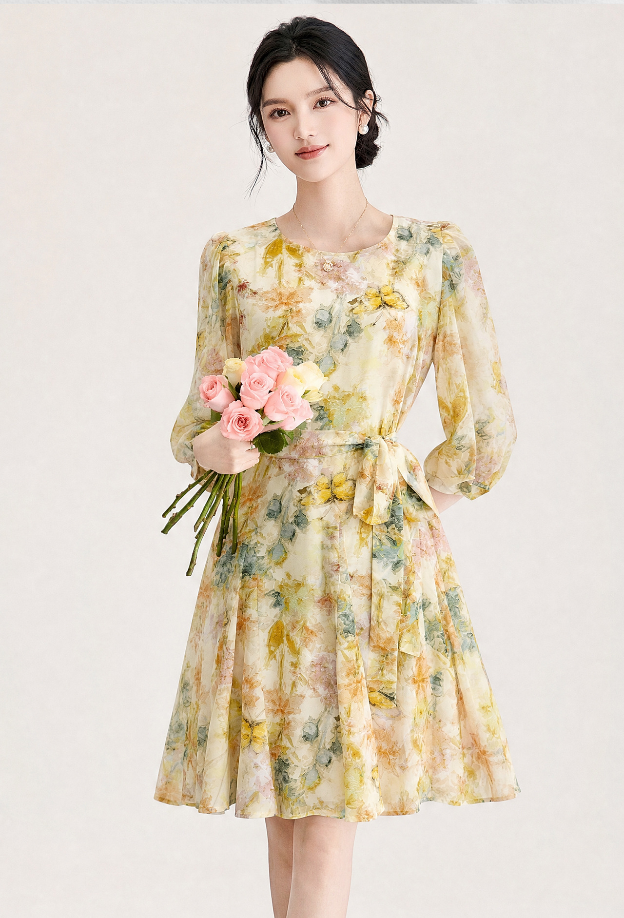 Đầm maxi nữ tay phồng hoa nhí chất liệu voan chiffon — xanh lá cây chi tiết 3