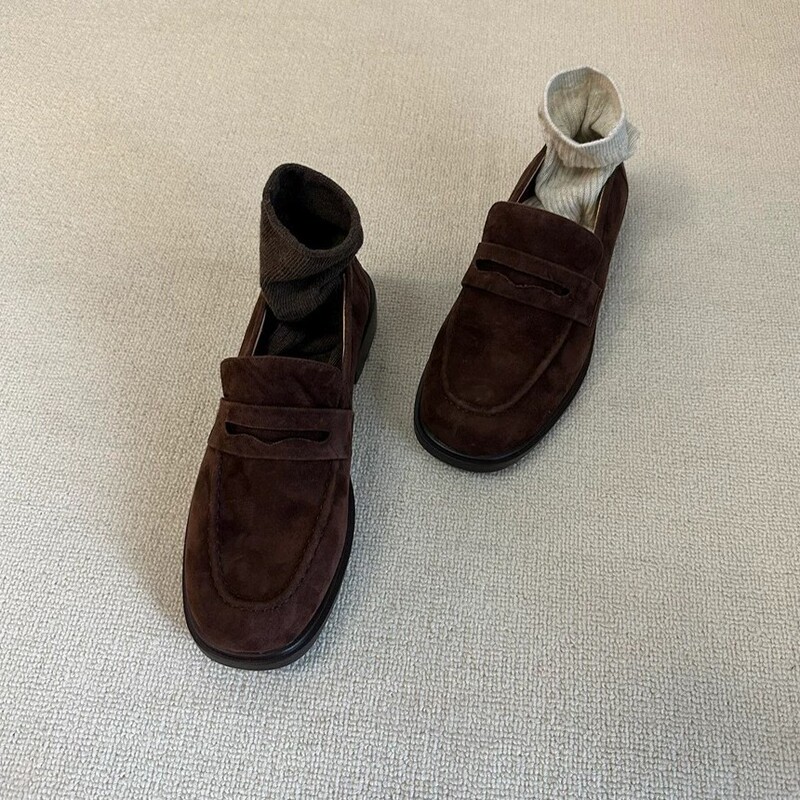 High Version ~ British Niche Suede Square Toe Thick Heel Deep Mouth Loafers Women's Autumn and Winter Versatile Work Clothing Shoes High Version ~ British Niche Suede Square Toe Thick Heel Deep Mouth Loafers Women's Autumn and Winter Versatile Work Clothing Shoes