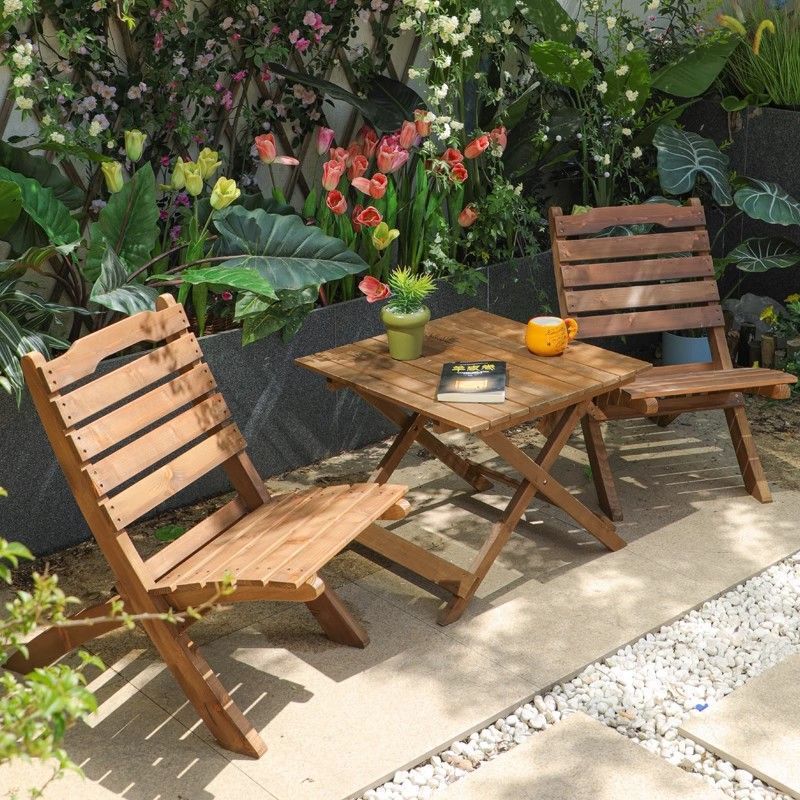 Retro Solid Wood Folding Low Tables and Chairs, Anti-Corrosion, for Courtyard, Outdoor Leisure, Coffee Shop, Camping, Commercial Outdoor Tables and Chairs