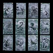 天然A货翡翠十二生肖八大守护牌蓝水料双面精工影雕玉石吊坠挂件