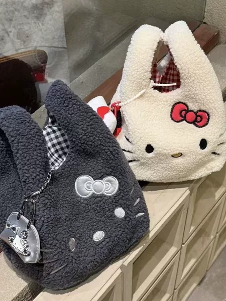 Christmas fluffy cute Hello Kitty embroidered handbag, lamb wrist bag, work commute bag, portable small tote bag