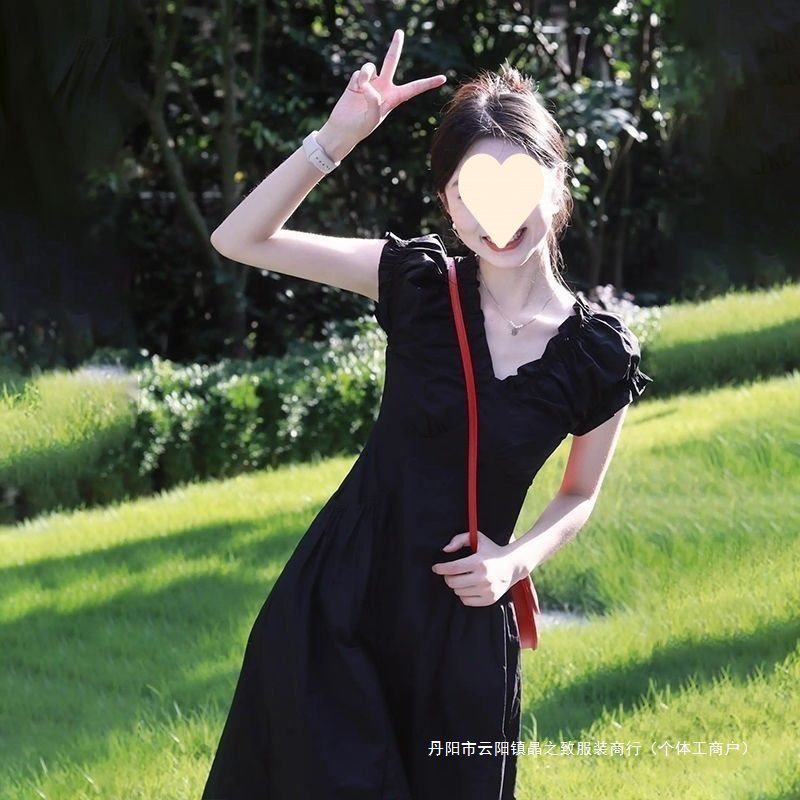 领泡泡袖连衣裙大码女装胖夏季赫本风感褶皱收腰显瘦长裙|undefined