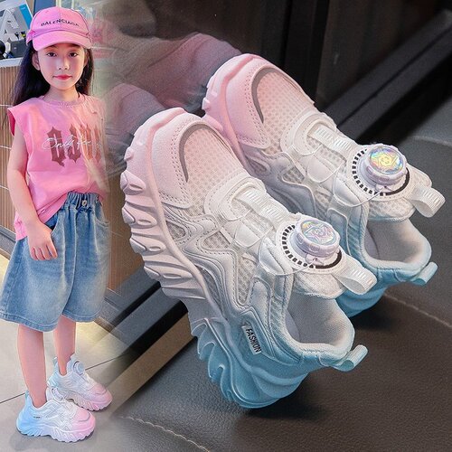Children's Breathable Sports Shoes 2024 Spring New Fashion Boys and Girls Single Shoes Swivel Button White Shoes Running Shoes