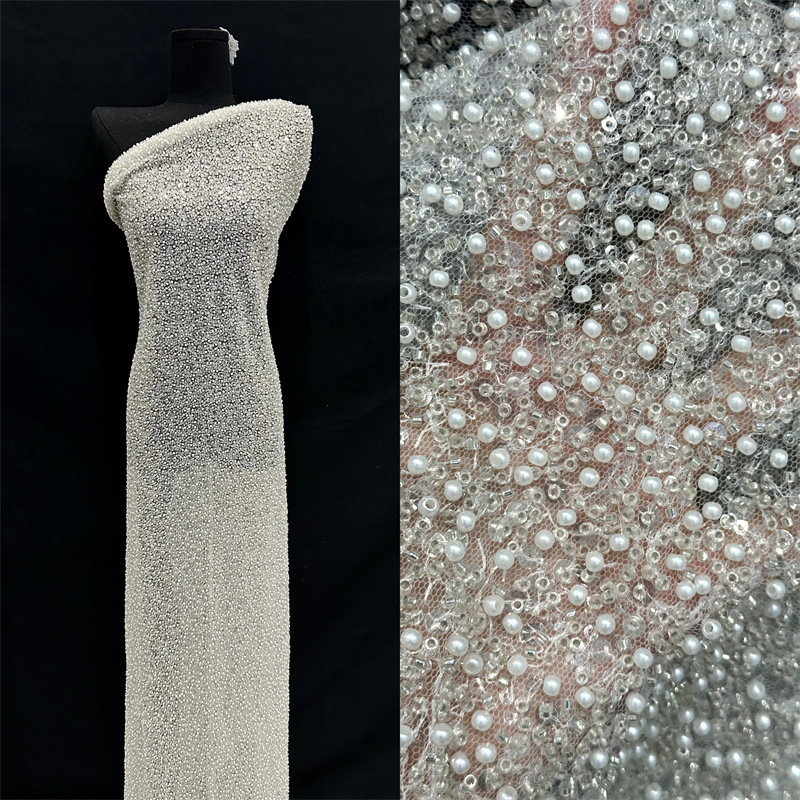 Tejido de bordado de perlas de explosión, bordado de perlas, vestido de moda estereoscópico europeo y americano, cena al por mayor, tela de mujer
