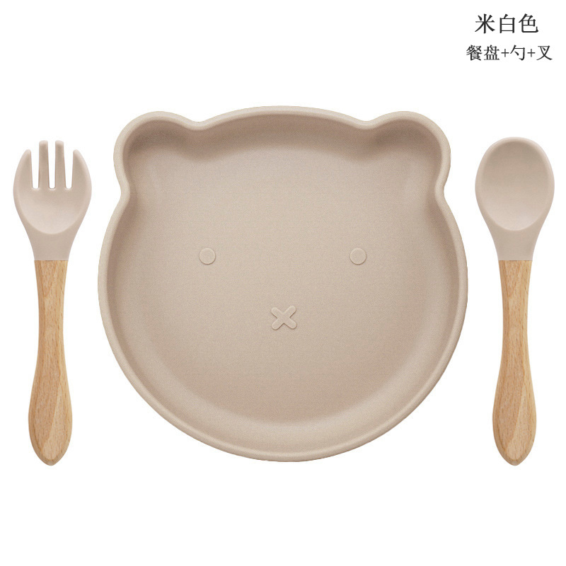 Bebé de alimentación placa cuchara Tenedor traje grado alimenticio silicona Integrado placa niños dibujos animados oso vajilla materna y infantil
