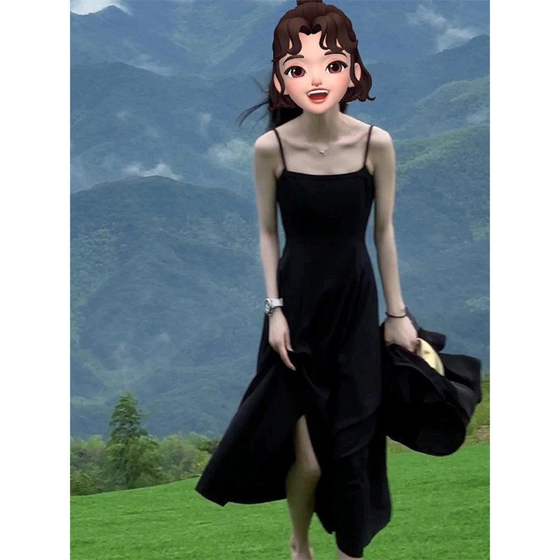 Black A-Line Skirt 2026 New Style Women's Summer French Long Dress, Waist-Cinching, Slimming, High-End Feel, Long Strap Dress Black A-Line Skirt 2026 New Style Women's Summer French Long Dress, Waist-Cinching, Slimming, High-End Feel, Long Strap Dress