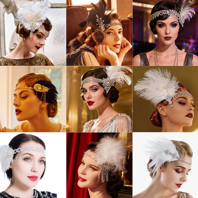 European and American Luxury Rhinestone Feather Hair Accessories, Retro Gatsby Style Party Headband, Bridal Dinner Headpiece