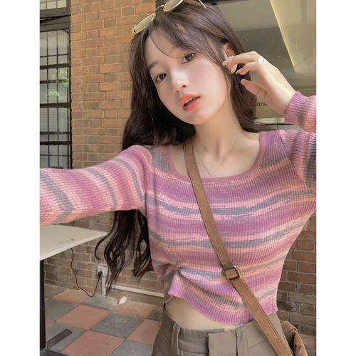 Korean-style Slim-Fit Square-Neck Slimming Striped Base Shirt for Women, 2025 Early Autumn New Arrival Long-Sleeved Knitted Top, Chic and Trendy Top.