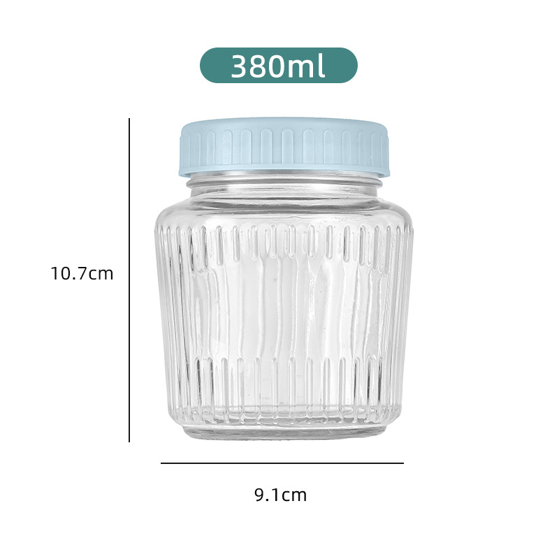 파란색 플라스틱 뚜껑이있는 380ml 유리 항아리; 투명