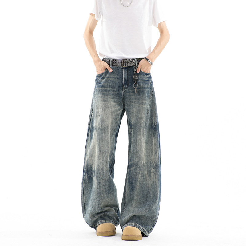 New American Retro Bamboo Pattern Curved Hem Jeans for Men, Trendy Brand Loose Wide-Leg Cleanfit Floor-Length Pants