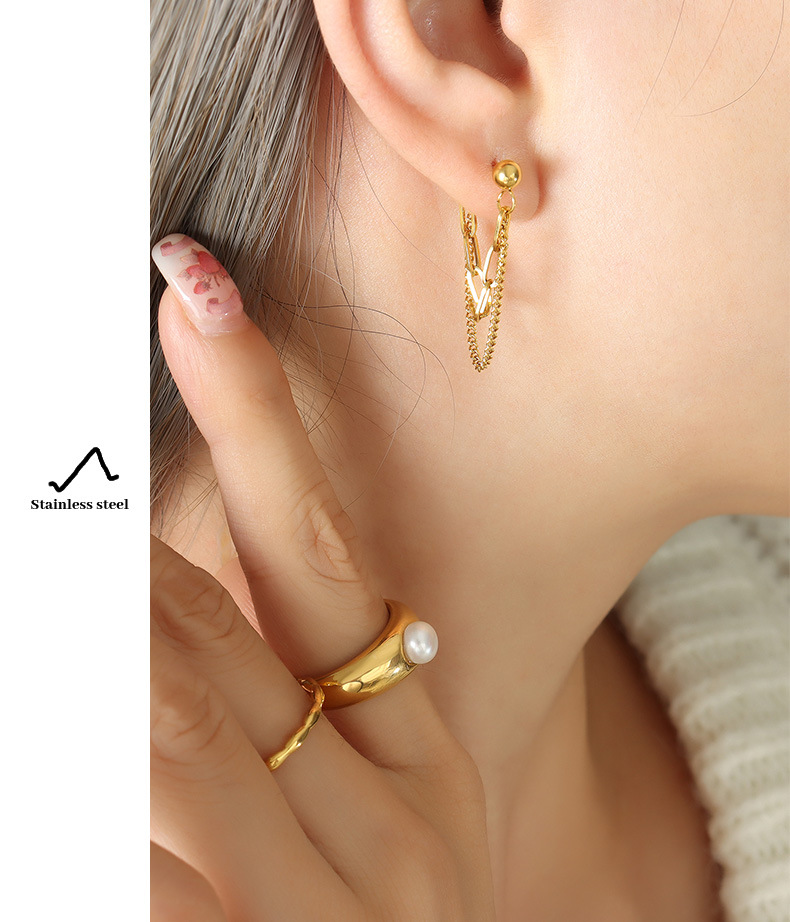 European And American Cool Ins Trend Style Non Fading Tassel Double-layer Chain Earrings Titanium Steel Gold-plated Earrings_voghion.com
