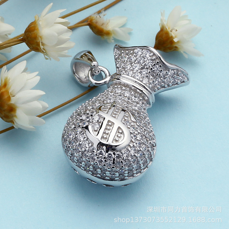 925纯银钱袋项链跨境热销满钻空心荷包轻奢风电镀白金车花十字链