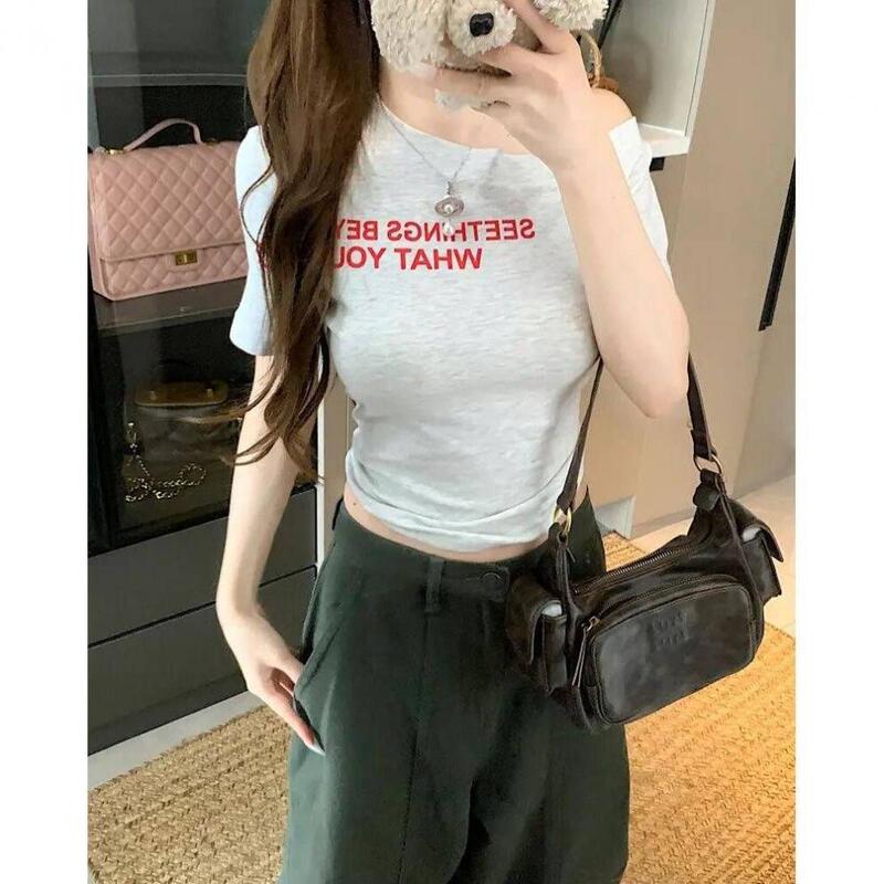 2025 新しいホットガールスリムフィットショートトップレタープリントデザイン斜め肩半袖 Tシャツ女性の夏|undefined