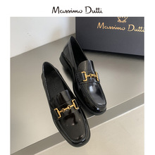 Massimo Dutti 女鞋2024夏新品黑色金属鞋跟真皮平底乐福鞋小皮鞋