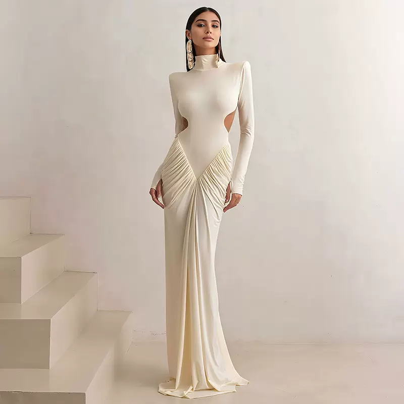 跨境欧美风2025夏季新款女装高领气质修身性感露背纯色长款连衣裙