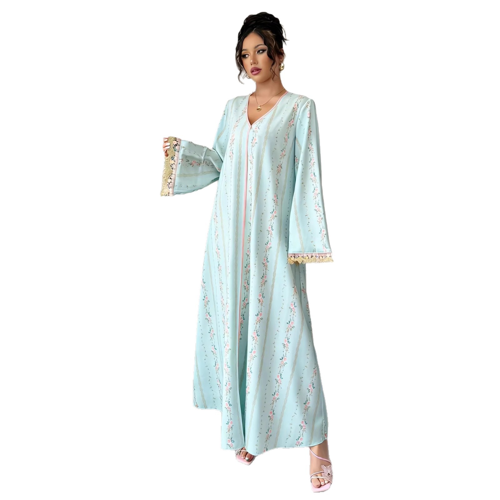 New Cross-border Middle Eastern Elegant V-neck Muslim Robe For Women, Embroidered Lace Long-sleeve Dress_voghion.com