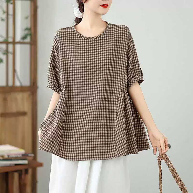Summer doll, shirt, Korean style, plus size, cotton and linen, with short sleeve