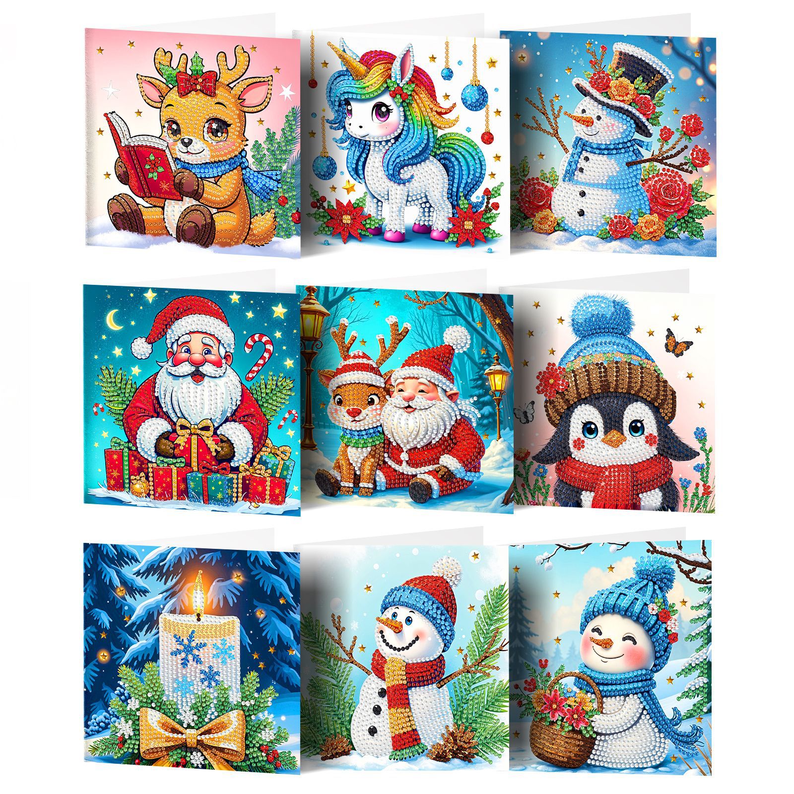 Explosiones transfronterizas de Navidad multiserie de tarjetas de felicitación puntuales hechas a mano 9 conjuntos de sobre de diamante 6 conjuntos de dibujos animados