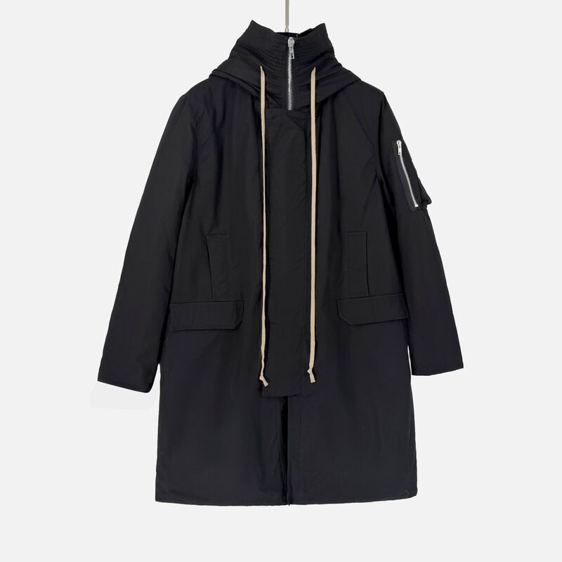 Dark Style Cotton Coat, New Winter Model with Pockets, Zipper, High Collar, Long Drawstring Hood, Fashionable Design, Warm Long Cotton Coat