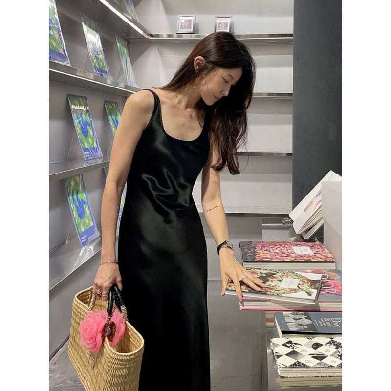 2024 Slant-Cut Silk Triacetate French-Style Large U-Collar Light Luxury Sleeveless dress Women's Summer Vic Dress Long Stacked Dress