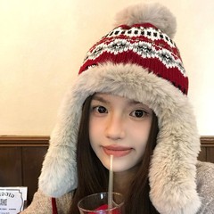 韩版加绒加厚雷锋帽女甜美可爱显脸小毛线帽子冬季保暖护耳东北