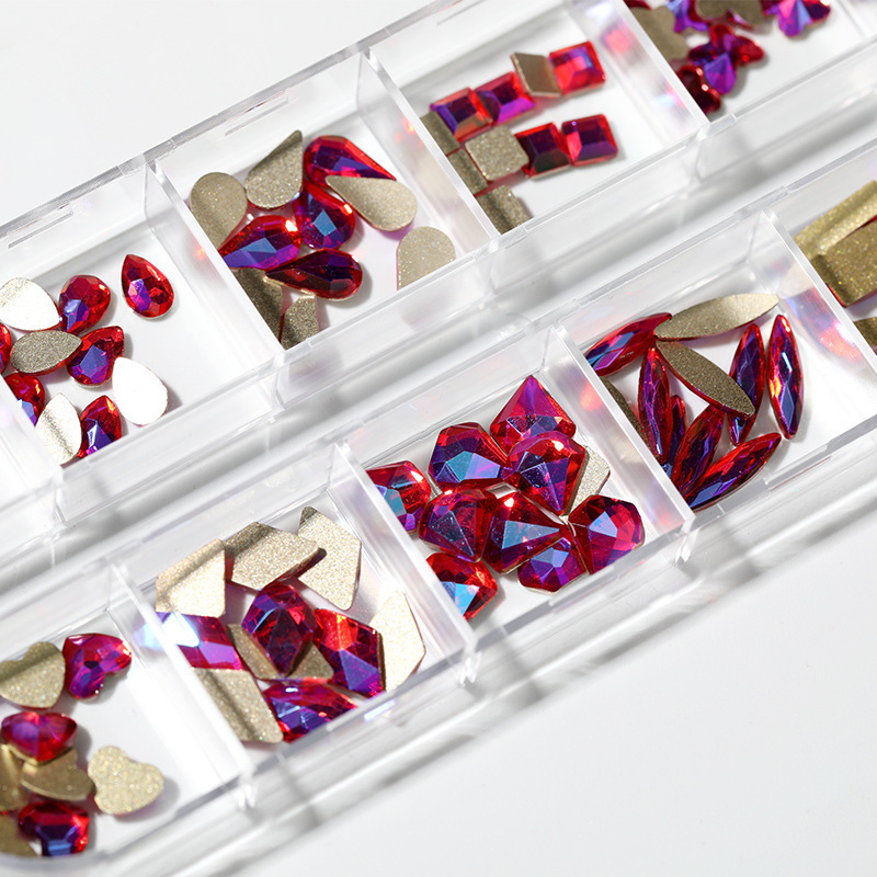 Joyería de uñas 12 rejilla mixta K9 plana en forma especial Temperatura de diamante Elf color mágico especial en forma de diamantes de imitación joyería de uñas al por mayor