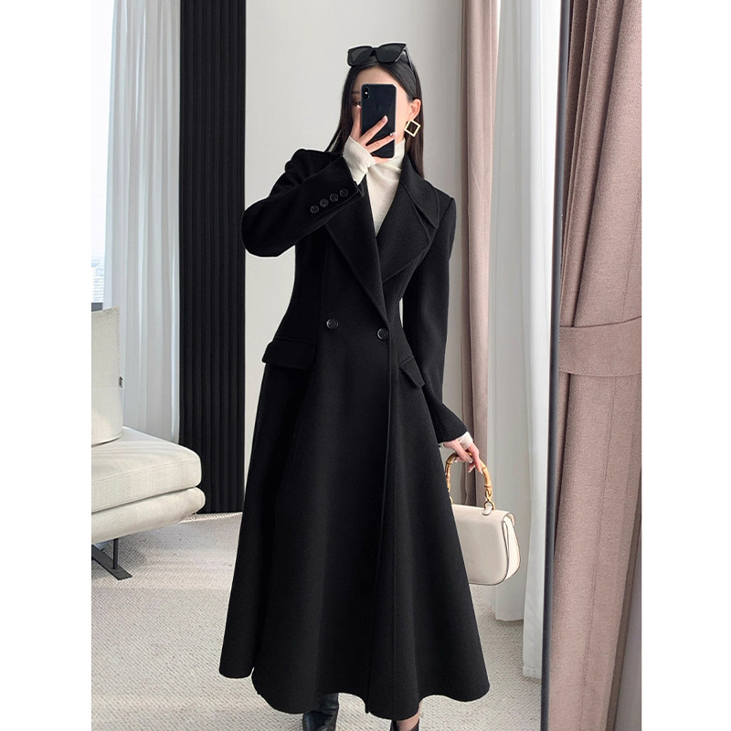 Autumn and Winter New Plus-Size Women's Hepburn-Style Wool Coat, Waist-Cinching, Slimming, Long Over-The-Knee Wool Coat 25173