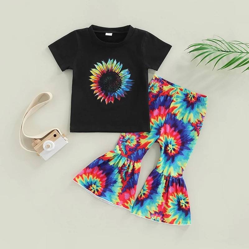 速卖通亚马逊夏季中小女童向日葵抽象印花短袖T恤喇叭长裤套装