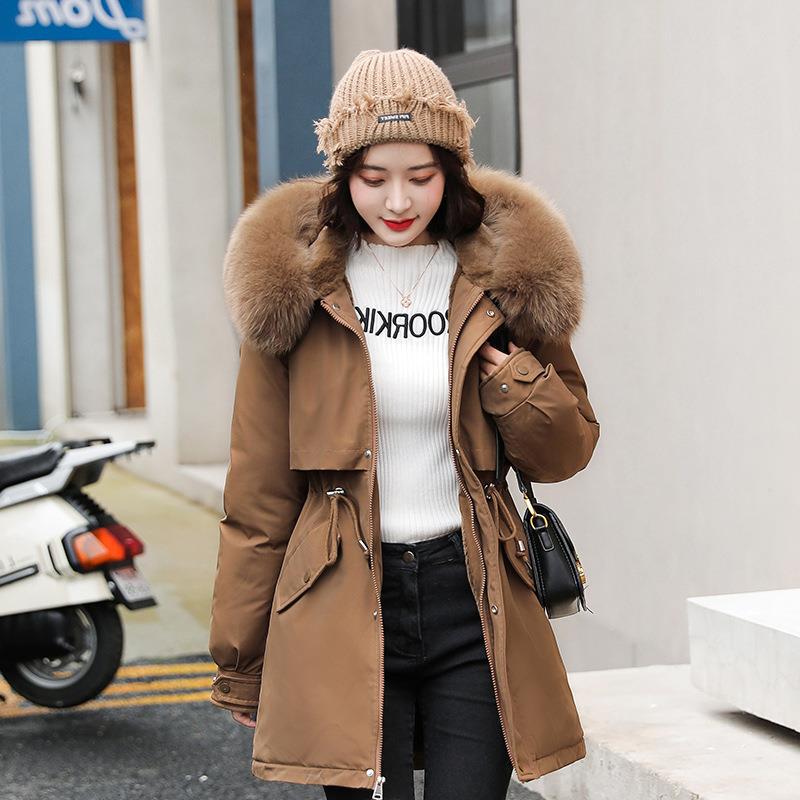 Fábrica parka de las mujeres de mediados de longitud 2023 invierno nuevo estilo coreano suelta gran cuello de piel de moda engrosada abrigo de algodón acolchado image 12