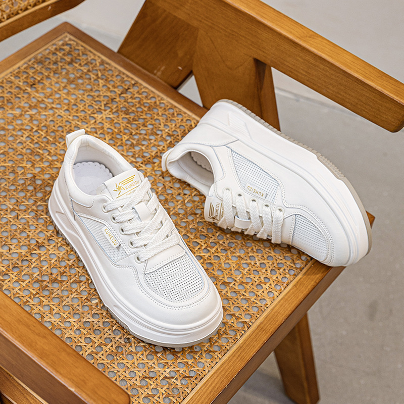 Mesh White Shoes for Women Summer New Breathable Mesh Round Toe Thick Sole Fashion Versatile Flat Casual Sports Sneakers